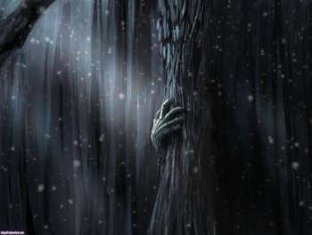 Мрачные темные обои фэнтези - рука из-за дерева, , рука, дерево, фэнтези, мрачный, снег