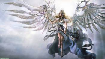 Обои ангел - широкоформатные обои с ангелом, , ангел, девушка, крылья, волшебница, посох, плащ, рисунок, магия