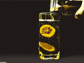Вода с лимоном, рисованные обои, , вода, стакан, стекло, рисунок, лимон, рука