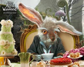 Кролик, обои из фильма Алиса в стране чудес (2010), , 2010, Алиса в стране чудес, Alice in Wonderland, кино, фильм, кролик, застолье, еда, торт, кресло