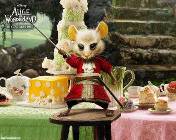 Мышь, обои к фильму Алиса в стране чудес, 2010, , 2010, Алиса в стране чудес, Alice in Wonderland, кино, фильм, мышь, стол, стул, торт, застолье