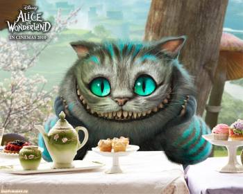 Чеширский кот - обои из фильма Alice in Wonderland (2010), , 2010, Алиса в стране чудес, Alice in Wonderland, кино, фильм, кот, улыбка, застолье, чайник, стол