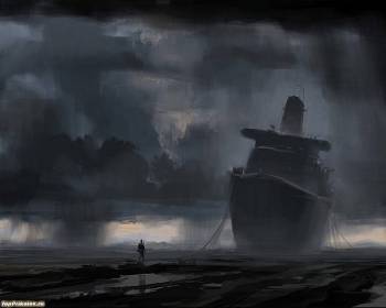 Черно-белые мрачные обои: корабль под дождем, , черно-белый, корабль, дождь, мрачный, тучи, небо, море