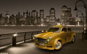 Желтое такси в городе, автообои, , авто, дорога, город, вечер, набережная, фонарь