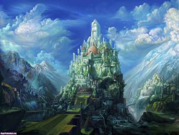 Красивый высокий замок, обои фэнтези, , замок, рисунок, горы, фэнтези