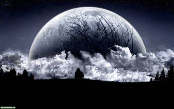 Черно-белые широкоформатные обои: огромная Луна в облаках, , луна, облака, черно-белый, силуэт