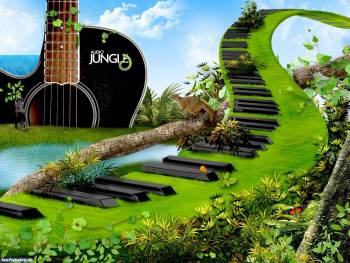 Красивые музыкальные обои - скачать, , пианино, клавиши, гитара, музыка, трава, зелень, цветы, озеро, небо, природа