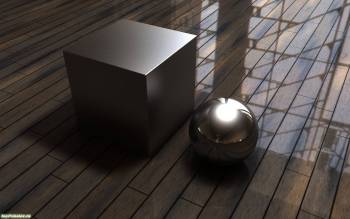 Куб и шар - широкоформатные 3D обои скачать, , куб, шар, пол, паркет, отражение, 3D