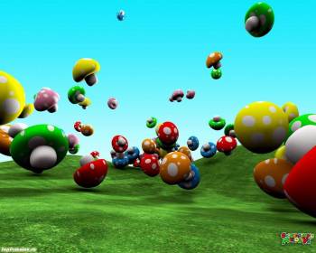 Летающие грибы, 3D мультяшные обои, , гриб, 3D, мультик, поле, разноцветный