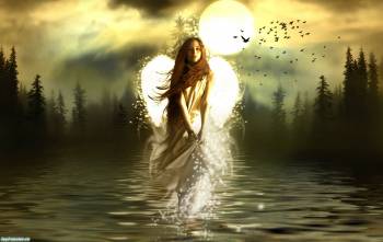 Фэнтези обои - крылатый ангел, , ангел, крылья, озеро, фэнтези, закат, лес, девушка