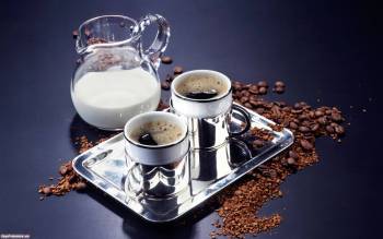 Кофе с молоком, скачать широкоформатные обои, , кофе, молоко, кружка, поднос, кувшин, напиток