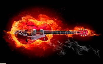 Широкоформатные обои - гитара в огне, , огонь, гитара, музыка