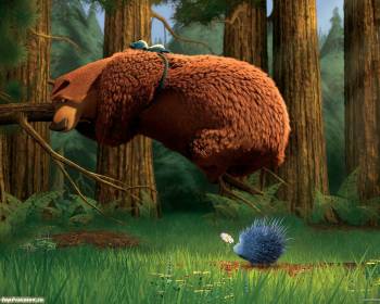 Медведь и ежик, мультяшные обои, , медведь, ежик, лес, трава, 3D, мультик