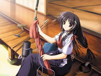 Девушка протирает самурайский меч, красивые обои аниме, , аниме, девушка, меч, стрела, ступени