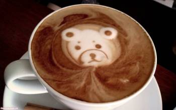 Рисунки на кофейной пене - милый мишка. Скачать обои, , рисунок, пенка, кофе, чашка, блюдце, мишка, медвежонок