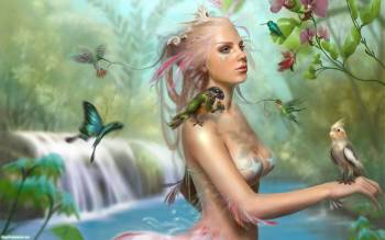 Симпатичная девушка-эльф, широкоформатные фэнтези обои, , эльф, девушка, птица, водопад, фэнтези, лес