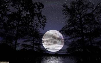 Огромная луна, скачать ночные красивые обои, , ночь, луна, лес, озеро, отражение, звезды, небо