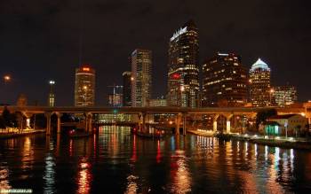 Ночной город, скачать широкоформатные обои 1440x900, , город, ночь, мост, река, отражение, огни