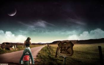 Путешествие на мотоцикле, обои премиум 1920х1200, , премиум, девушка, дорога, луна, небо, вечер, путешествие, знак, мотоцикл
