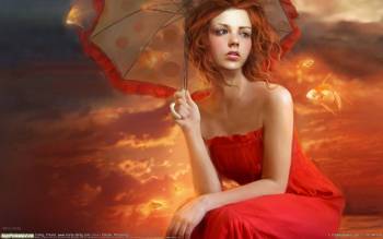 Рыжеволосая девочка под зонтиком - скачать обои, , зонтик, рыжая, волосы, девочка, рыбки