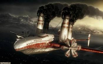 Паровой самолет, широкоформатные фэнтези обои 1440x900, , самолет, дым, труба, полет, высота, пропеллер