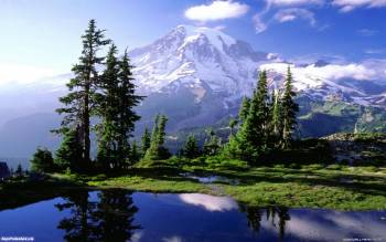Прекрасный вид гор - скачать обои, , горы, деревья, сосна, река