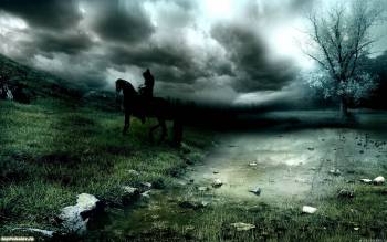 Черный всадник - скачать обои бесплатно, , всадник, лошадь, поле, ночь