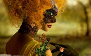 Симпатичная дама в маске, красивые обои фэнтези 1280х800, , девушка, маска, ящерица, рыжая, фэнтези