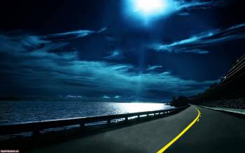 Ночная дорога, скачать широкоформатные обои, , дорога, ночб, луна, море, небо, облака