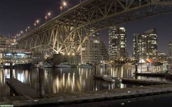 Ночной причал под мостом - скачать обои, , причал, лодки, мост, река, город