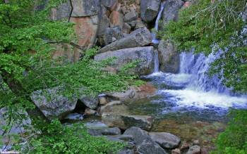 Камни, водопад и деревья - скачать обои бесплатно, , камни, водопад, скалы, горы, деревья
