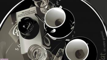Черно-белый векторный рисунок - чайный сервиз, скачать обои, , сервиз, чай, чашка, черно-белый, поднос, рисунок, вектор, пепельница, сигарета, отражение, бокал