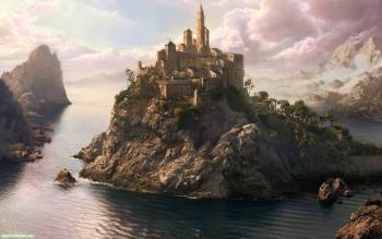 Обои фэнтези - остров на море и замок, обои 1680х1050, , остров, горы, море, замок, фэнтези