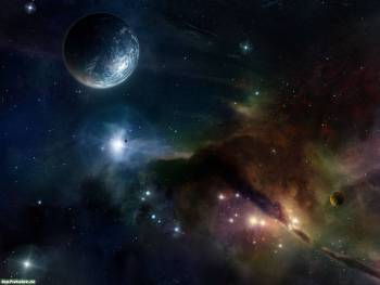 Планета и звезды, а также туманность, , космос, планета, туманность