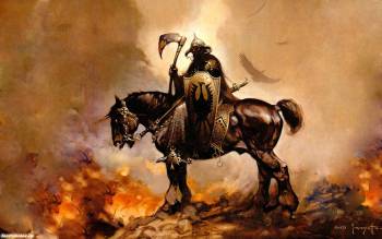 Варвар с топором на коне, широкоформатные обои фэнтези, , фэнтези, конь, щит, топор, огонь, воин, варвар
