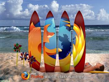 Скачать обои Firefox, , firefox, браузер, пляж, песок, океан, волны, доска для серфинга