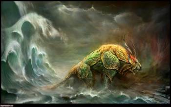 Бронированный морской монстр, скачать фэнтези обои 1920х1200, , монстр, фэнтези, шторм, волны