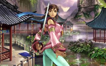 Симпатичные обои аниме - девушка воин с мечом, , меч, воительница, девушка, деревня, Китай, горы, аниме