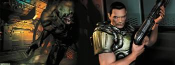 Скачать большие обои из игры Doom 3, , Doom 3, игра, автомат, персонаж, воин, солдат, монстр, ужас, засада