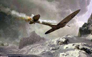 Скачать обои - подбитый в воздушном бою самолет Spitfire, , катастрофа, бой, крушение, дым, небо, зима, горы, снег, облака, самолет, война, Spitfire