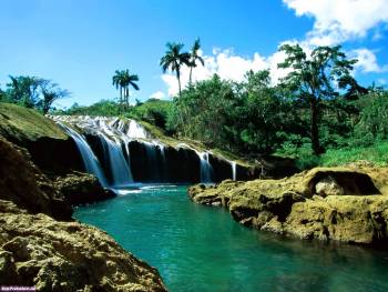 Скачать обои - водопад, обои с водопадами, , водопад, пальмы, река, лето, небо, облака, камни