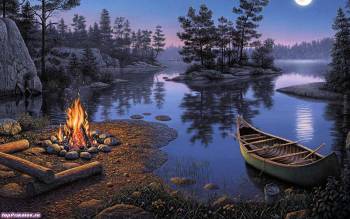 Ночь в лесу у озера, широкоформатные обои 1280х800, , костер, огонь, лодка, ночь, луна, лес, берег