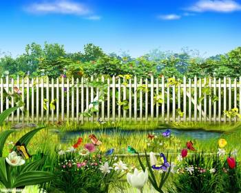 Красивые яркие обои 1280х1024 пикселей, забор, , лето, забор, цветы, яркий, небо, облака, разноцветный, трава