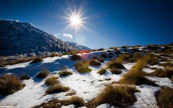 Зимняя природа Новой Зеландии, скачать обои 1920х1200, , Новая Зеландия, зима, горы, солнце, небо, снег