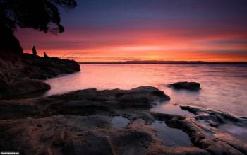 Закатное озеро, скачать фотообои Новой Зеландии, , закат, Новая Зеландия, небо, озеро, камни, берег, природа