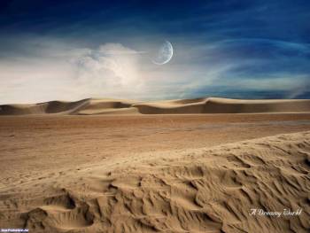 Скачать обои - в пустыне, , пустыня, песок, барханы, небо, луна, облака, вечер