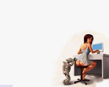 Девушка за компьютером, скачать рисованные обои, , девушка, попа, компьютер, робот, рисунок, эротика, ню