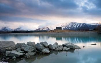 Очень красивые широкоформатные обои 1920х1200, , природа, отражение, озеро, горы, небо, облака, Новая Зеландия, камни, штиль