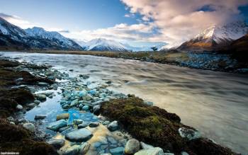 Скачать обои 1920х1200 - красивые виды Новой Зеландии, , природа, река, небо, облака, камни, лето, горы