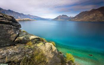 Очень красивое горное озеро в Новой Зеландии, скачать обои, , Новая Зеландия, озеро, лазурный, горы, камни, небо, облака, горизонт